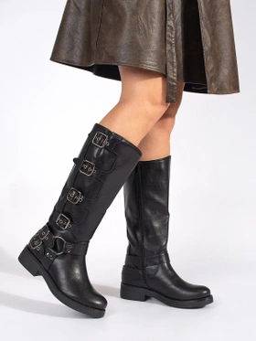 Sleek Black Rider Boots with Buckle Details on a Low Heel