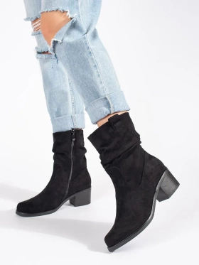 Black Cowboy Style Ankle Boots with a Gathered Shaft