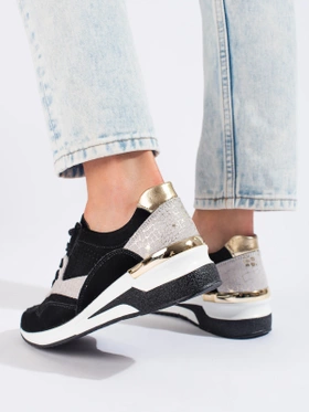 Black Leather Wedge Sneakers