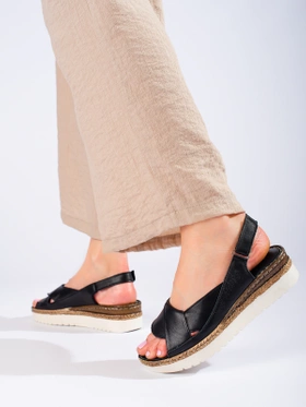 Potocki Black Leather Low Wedge Sandals