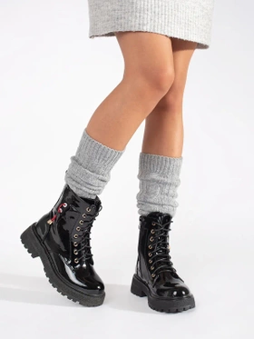 Glossy Lace-Up Ankle Boots