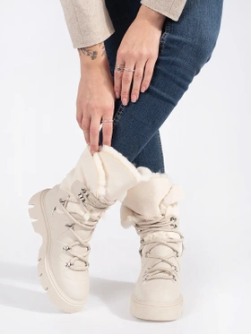 Beige Lace-Up Snow Boots with Fur and Platform Soles