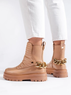 Brown Chain-Embellished Ankle Boots