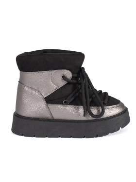 Black and Silver Lace-Up Snow Boots with Chunky Soles