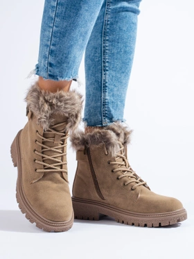 Dark Beige Fur-Lined Ankle Boots