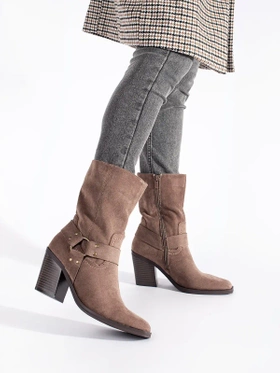 Suede Dark Beige Block Heel Ankle Boots