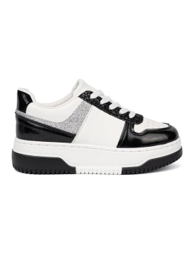 Black and white sneakers with shimmering silver details