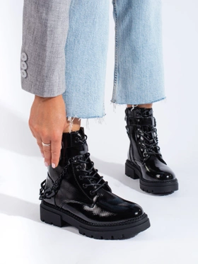 Glossy Black Chain-Embellished Boots