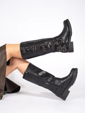 Sleek Black Rider Boots with Buckle Details on a Low Heel