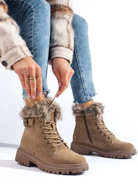 Dark Beige Fur-Lined Ankle Boots