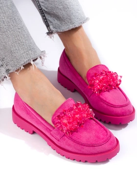 Pink Suede Loafers with Sparkling Crystals