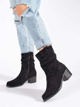 Black Cowboy Style Ankle Boots with a Gathered Shaft