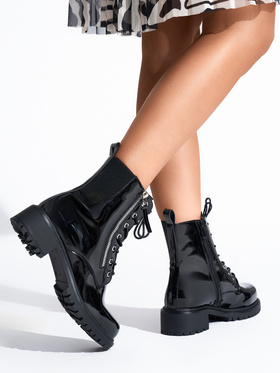 Glossy Black Lace-Up Boots