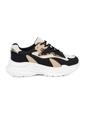 Black-beige women's sneakers with thick sole