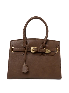 Brown handbag with decorative gold buckle