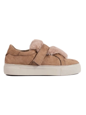 Beige Suede Sneakers with Faux Fur