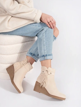 Suede Light Beige Wedge Ankle Boots with Fringe