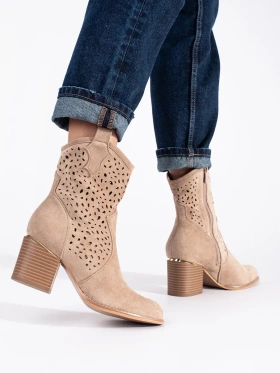 Beige Lacy Cowgirl Ankle Boots with Block Heel