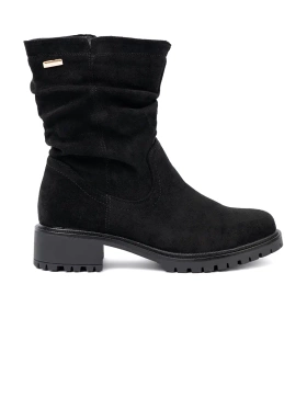 Black ankle boots with ruched upper and zipper
