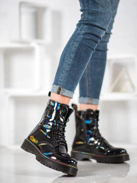 Black Lace-Up Holographic Boots