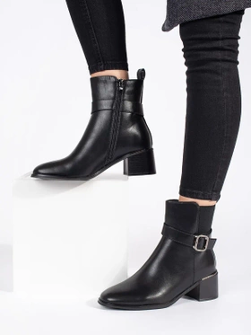 Black Buckle-Accent Heeled Ankle Boots