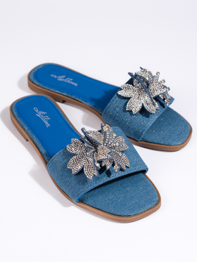 Denim Slide Sandals with Embellishment