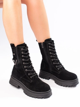 High Leather Lace-Up Boots in Black