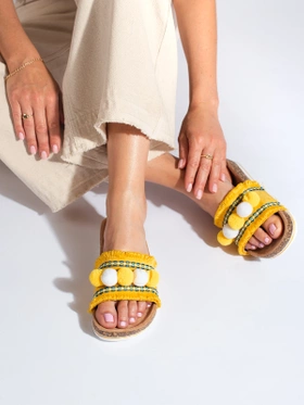 Yellow Pom-Pom Slide Sandals