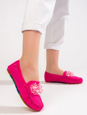 Lace Pattern Loafers with Crystals in Pink