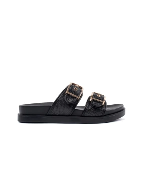 Black flat flip-flops with buckles