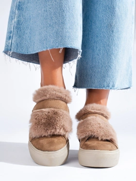 Beige Suede Sneakers with Faux Fur