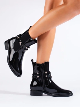 Glossy Black Ankle Boots with Flat Heels