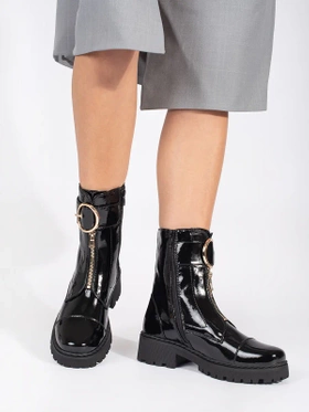 Glossy Black Ankle Boots with Decorative Zipper