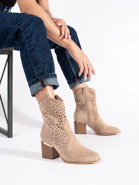 Beige Lacy Cowgirl Ankle Boots with Block Heel