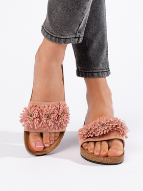 Suede Pink Flower Slides