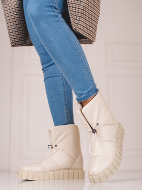 Beige Leather Snow Boots with Ribbed Cuff