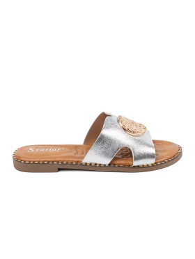 Silver sandals with a gold ornament