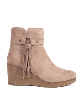 Beige Suede Wedge Ankle Boots with Tassels