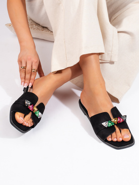 Black Slip-On Sandals with Sparkling Stones