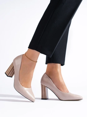 Beige Block Heel Pumps