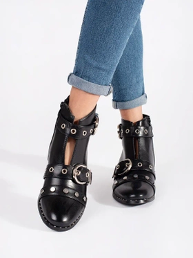 Black Ankle Boots with Cutouts and Embellishments