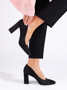 Black Suede Chunky Heel Pumps by Sergio Leone