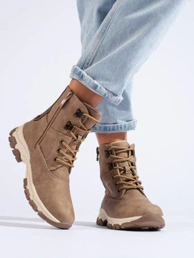 Lace-Up Ankle Boots with Decorative Zipper in Dark Beige