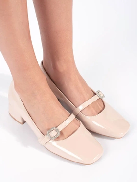 Beige Patent Block Heels with Buckle