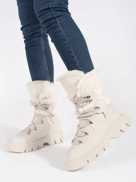 Beige Lace-Up Snow Boots with Fur and Platform Soles