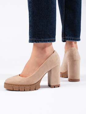 Beige Suede Block Heel Pumps