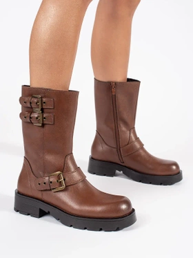 Brown Leather Platform Ankle Boots with Straps by Sergio Leone