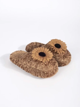 Children's Brown Slippers with Decorative Flower