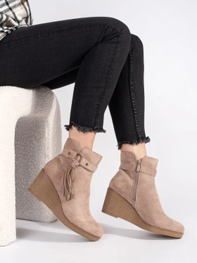 Beige Suede Wedge Ankle Boots with Tassels