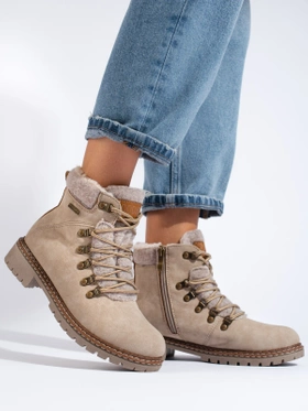 Beige Lace-Up Boots with Faux Fur Trim